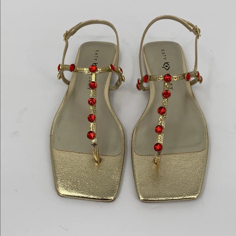 Katy Perry Camie Gemstone sandal shoe gold metallic red t-strap flat ruby new 10